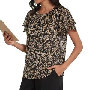 Elie Tahari Silk Blend Black Burnout Short Flutter Sleeve Meadow Top Size L NWOT